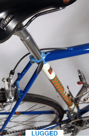 lugged bicycle with blue and white paint, green and orange checkered accent